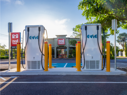 electric vehicle chargers on front of red rooster electric vehicle chargers on front of red rooster